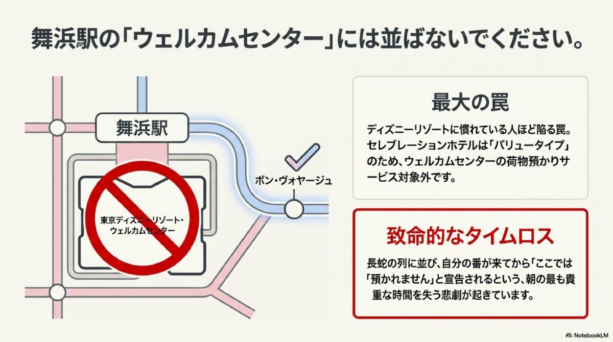 舞浜駅の「ウェルカムセンター」には並ばないでください。