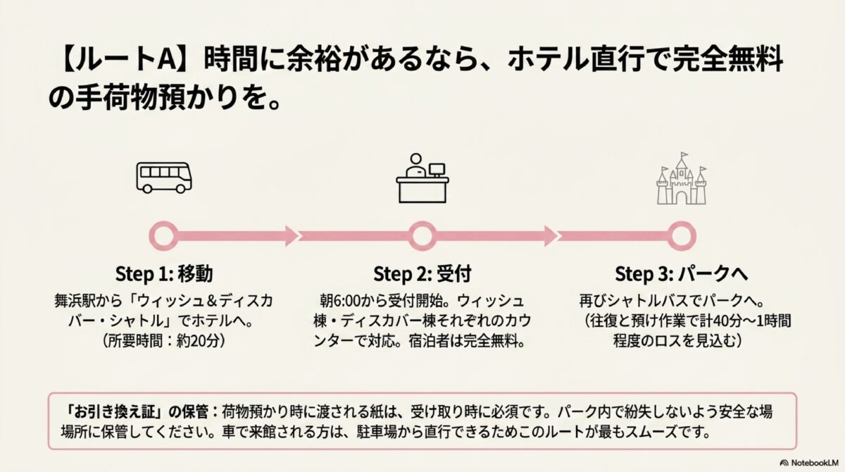 【ルートA】時間に余裕があるなら、ホテル直行で完全無料の手荷物預かりを。
