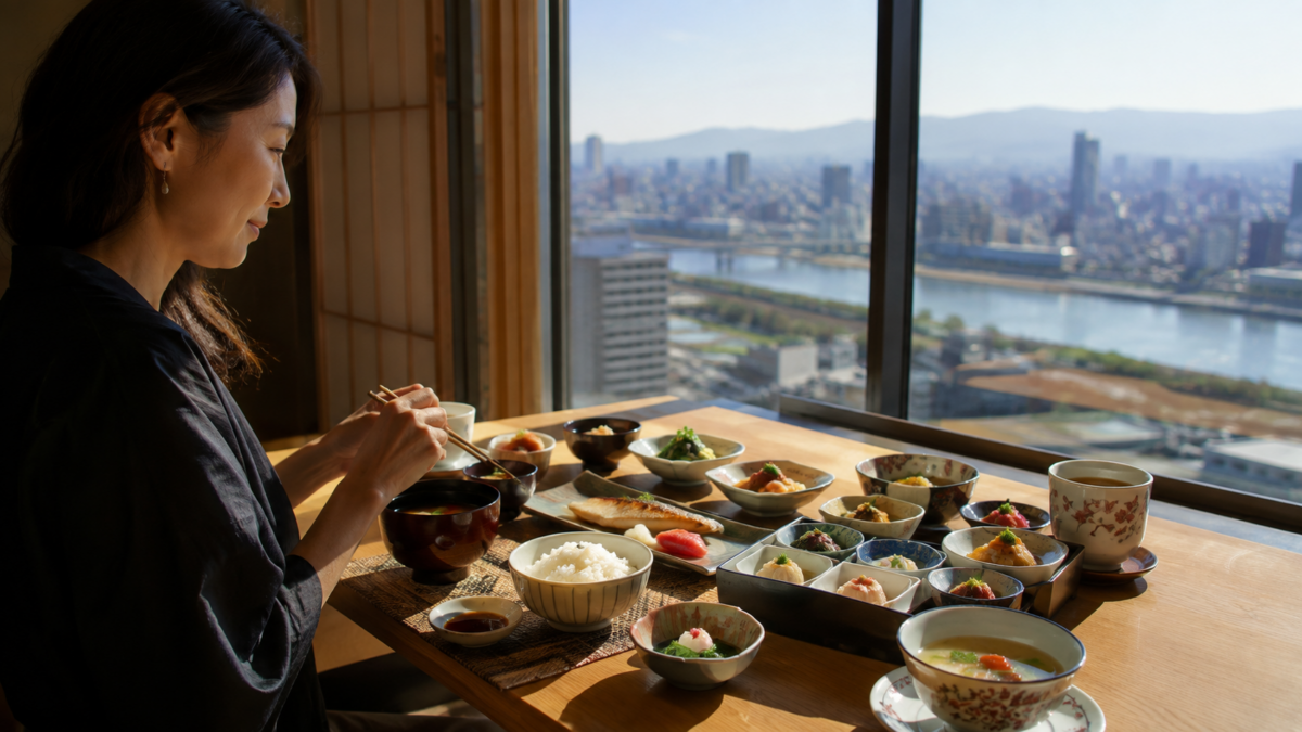 帝国ホテル大阪の大阪 なだ万をイメージした高層階の窓辺で楽しむ和朝食