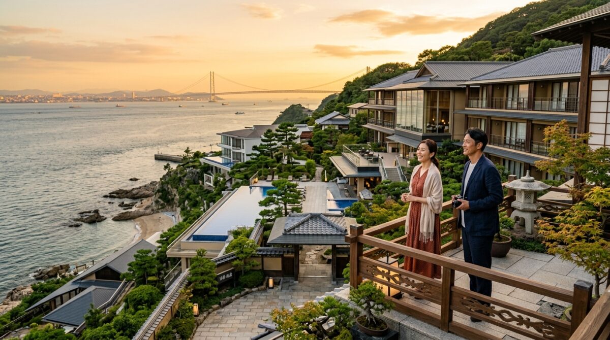海と巨大な橋を一望する高台の温泉リゾートと夕日を眺めるカップル